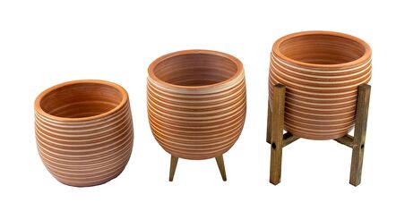 Bitki Tasarımı Ev Dekorasyon Yan Çizgi Desenli Toprak Saksı Saksılık Salon Çiçeklik Üçlü Set - 19 CM