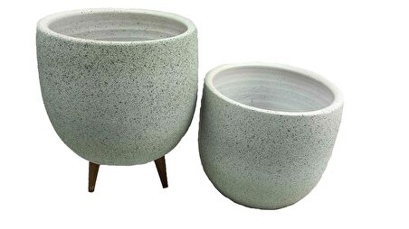 Bitki Tasarımı Ev Dekorasyon Aksesuar Beyaz Granit Toprak Saksı Saksılık Salon Çiçeklik İkili Set Ayaksız - 3 Ayaklı- 19 CM