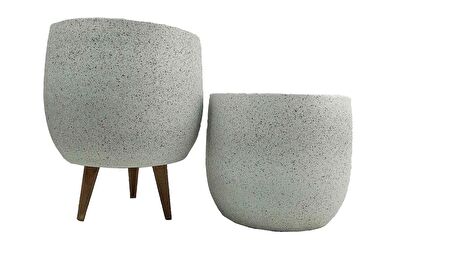 Bitki Tasarımı Ev Dekorasyon Aksesuar Beyaz Granit Toprak Saksı Saksılık Salon Çiçeklik İkili Set Ayaksız - 3 Ayaklı- 19 CM