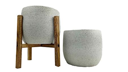 Bitki Tasarımı Ev Dekorasyon Aksesuar Beyaz Granit Toprak Saksı Saksılık Salon Çiçeklik İkili Set Ayaksız - 4 Ayaklı- 19 CM