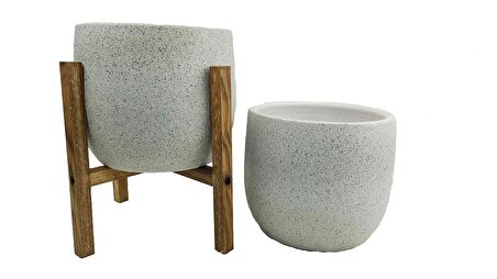 Bitki Tasarımı Ev Dekorasyon Aksesuar Beyaz Granit Toprak Saksı Saksılık Salon Çiçeklik İkili Set Ayaksız - 4 Ayaklı- 19 CM