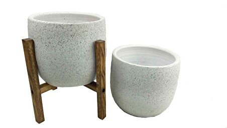 Bitki Tasarımı Ev Dekorasyon Aksesuar Beyaz Granit Toprak Saksı Saksılık Salon Çiçeklik İkili Set Ayaksız - 4 Ayaklı- 19 CM