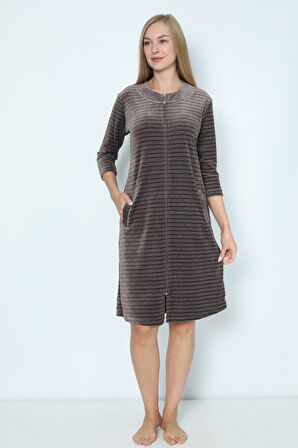 Kadın Fermuarlı Çizgi Desenli Pamuklu Kadife Elbise