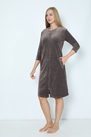 Kadın Fermuarlı Çizgi Desenli Pamuklu Kadife Elbise