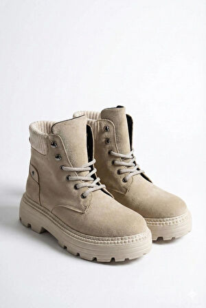 Tarzbu Süet Combat Kadın Bot, Krem Renk, Yüksek Taban, Bağcıklı, Günlük Giyim, Ayak Bileği Boyu, Spor Stil, TarzZN05