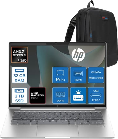 Hp Elitebook 6 G1A Next Gen Aı Amd Ryzen™ Aı 7 350 32GB Ddr5 2tb SSD 14" Inch Amd Radeon™ 860M Wuxga (1920X1200) IPS 300NITS Freedos Taşınabilir Bilgisayar D36SZETF16"+ZETTAÇANTA