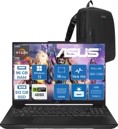 Asus Tuf Gaming A16 (FA607NUQ-GAMING) Amd Ryzen™ 7 170 96GB Ddr5 512GB SSD RTX4050/6GB 140W 16″/fhd+ 16:10 (1920 x 1200, Wuxga) 300 Nits, 144Hz, WIN11PRO Taşınabilir Bilgisayar RL028P32+ZETTAÇANTA