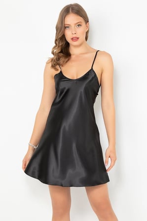 miorre İnce Askılı Mini Saten Gecelik-336,Siyah M/L