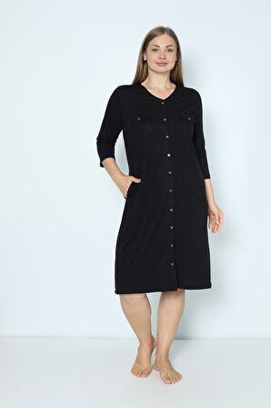 Siyah Cepli V Yaka Düğmeli Büyük Beden Iki Iplik Elbise