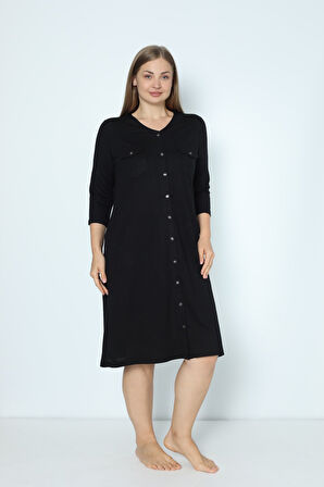 Siyah Cepli V Yaka Düğmeli Büyük Beden Iki Iplik Elbise