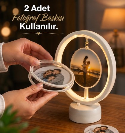 Led Işıklı Yuvarlak Fotoğraf Çerçevesi-Kişiye Özel Fotoğraf Baskılı Dekoratif Gece Lambası