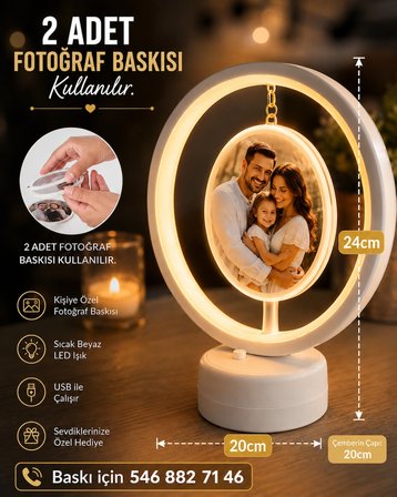 Led Işıklı Yuvarlak Fotoğraf Çerçevesi-Kişiye Özel Fotoğraf Baskılı Dekoratif Gece Lambası