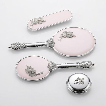 Camomile Pudra Pembe Silver Ayna Fırça Seti 4'Lü - Lüks Taşlı Gümüş Gelin Bohçası Takımı