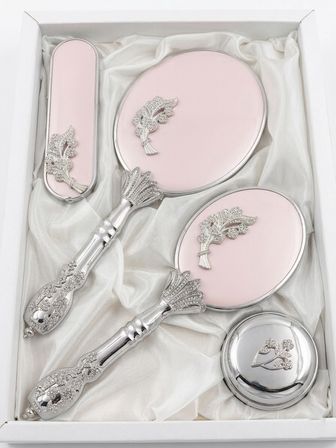 Camomile Pudra Pembe Silver Ayna Fırça Seti 4'Lü - Lüks Taşlı Gümüş Gelin Bohçası Takımı