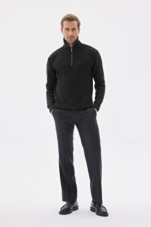 Yarım Fermuarlı Selanik Örgü Regular Fit Pamuklu Erkek Siyah Triko Kazak 