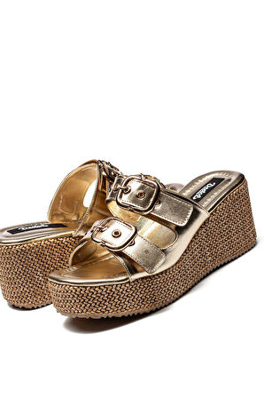 Kadın Hasır Taban Tokalı Yüksek Platform Topuklu Terlik 2405