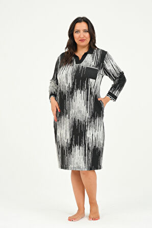 Kadın Desenli V Yaka Cepli Büyük Beden Jakarlı Elbise