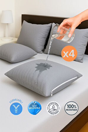 4 Adet Gri Fermuarlı Sıvı Geçirmez Yastık Alezi Yastık Koruyucu