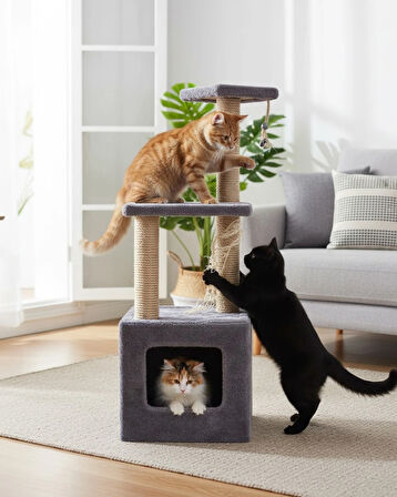 Reyo Pet Basamaklı Yuvalı Kare Ev Kedi Tırmalaması Gri