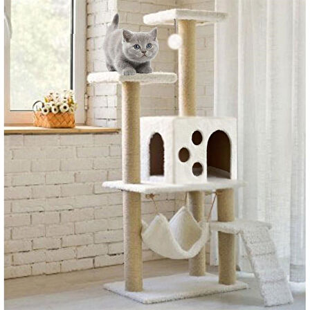 Reyo Pet B-10 Hamaklı Yuvalı Lüx Kedi Tırmalama Oyun Evi Beyaz