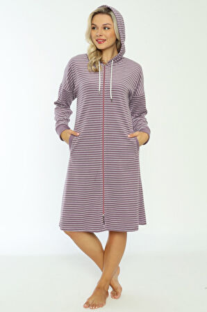 Kapüşonlü Çizgi Desenli Pamuklu Fermuarlı Elbise