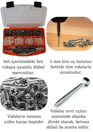 320Parça 12 Çeşit Vida Seti, Dübelli Sunta Vidası Seti,matkap Ucu Bits Uç Ve Takım Çantası