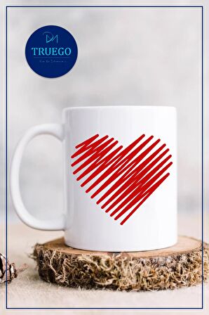 Baskılı Kupa Bardak Seramik Mug - Çizgi Kırmızı Kalp