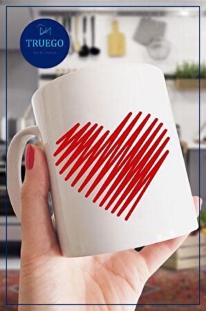 Baskılı Kupa Bardak Seramik Mug - Çizgi Kırmızı Kalp