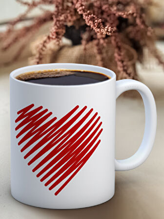 Kupa Bardak Seramik Mug - Çizgi Kırmızı Sevgi Kalp