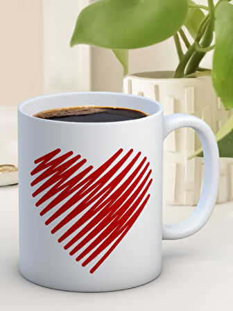 Kupa Bardak Seramik Mug - Çizgi Kırmızı Sevgi Kalp
