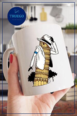 Baskılı Kupa Bardak Seramik Mug - Pisa Kulesi Michael Jackson