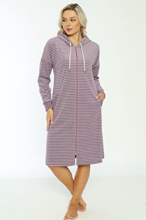 Kapüşonlü Çizgi Desenli Pamuklu Fermuarlı Elbise