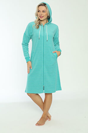 Kapüşonlü Çizgi Desenli Pamuklu Fermuarlı Elbise