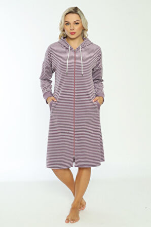 Kapüşonlü Çizgi Desenli Pamuklu Fermuarlı Elbise