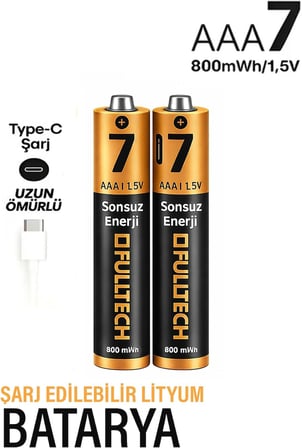 Type-C Şarjlı İnce Pil AAA Şarj Edilebilir Kumanda Pili 1.5V 800mWh Lityum-İon İnce Pil AAA7 Type-C Şarjlı