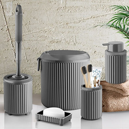 Çöp Kovası Tuvalet Fırçası Sıvı Sabunluk Diş Fırçalık Katı Sabunluk 5 Parça Banyo Seti 4 Litre Gri
