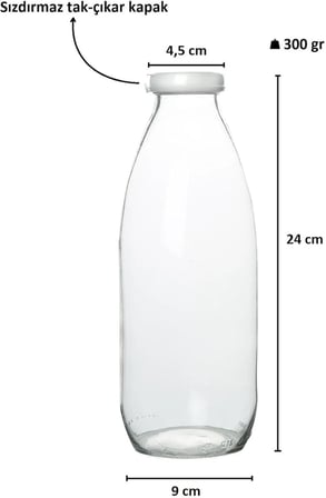 4 Adet 1 Litre Şeffaf Sürahi Süt, Ayran, Su, Limonata, Meşrubat Şişesi Plastik Kapaklı Cam Şişe