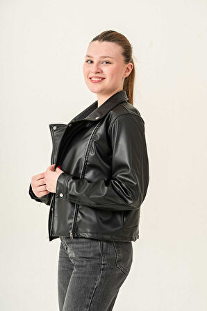 Fermuarlı Astarlı Çıtçıtlı Kol Kadın Deri Ceket