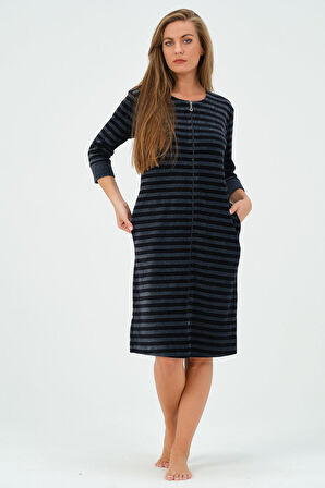 Kadın Lacivert Çizgili Fermuarlı Cepli Kadife Elbise