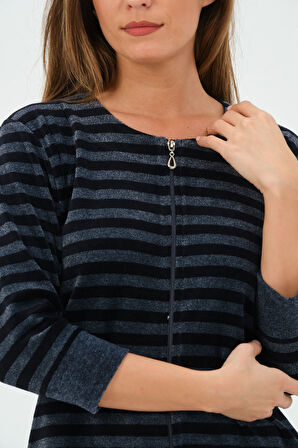 Kadın Lacivert Çizgili Fermuarlı Cepli Kadife Elbise