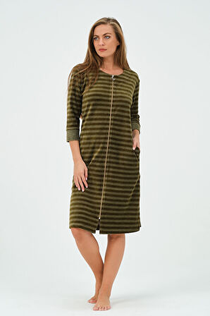 Kadın Lacivert Çizgili Fermuarlı Cepli Kadife Elbise