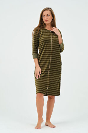 Kadın Lacivert Çizgili Fermuarlı Cepli Kadife Elbise