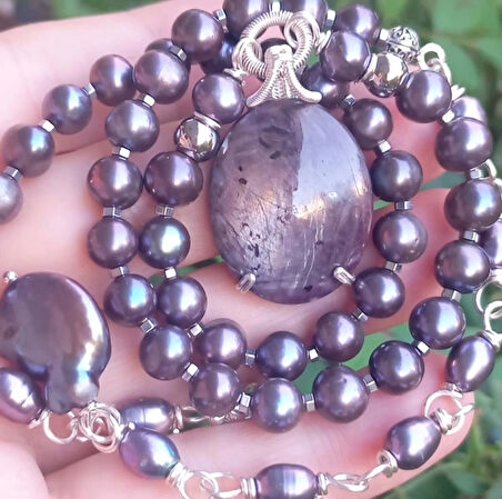 2406 Safir doğal İnci Hematit el yapımı kolye