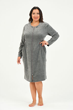 Kadın Fermuarlı Cepli Büyük Beden Pamuklu Kadife Elbise