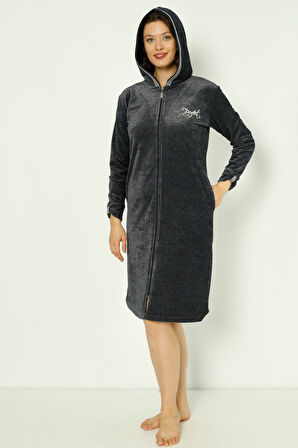 Lacivert Kapüşonlu Fermuarlı Nakışlı Taş Detaylı Kadın Pamuklu Kadife Elbise