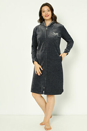 Lacivert Kapüşonlu Fermuarlı Nakışlı Taş Detaylı Kadın Pamuklu Kadife Elbise