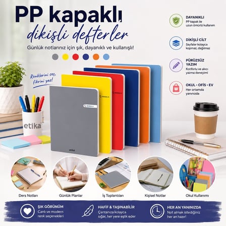 Etika A4 60 Yaprak PP Kapaklı Tel Dikişli Defter – 6'lı Karma Paket