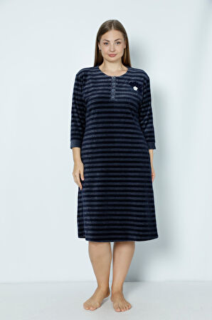 Lacivert Cepli Düğmeli Taş Detaylı Büyük Beden Pamuklu Kadife Elbise