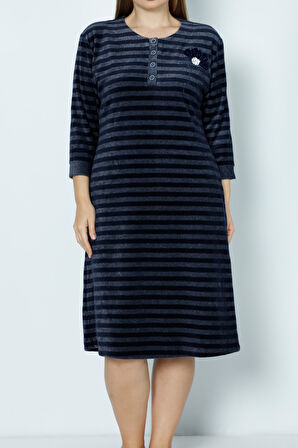 Lacivert Cepli Düğmeli Taş Detaylı Büyük Beden Pamuklu Kadife Elbise