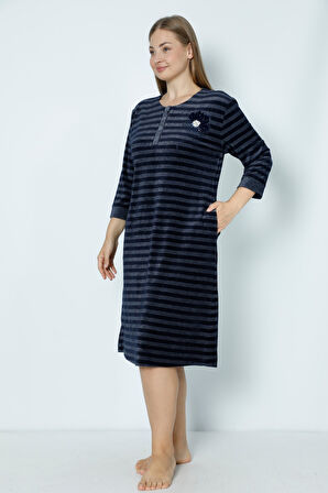 Lacivert Cepli Düğmeli Taş Detaylı Büyük Beden Pamuklu Kadife Elbise